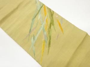 作家物　手織り紬和紙抽象葉模様名古屋帯